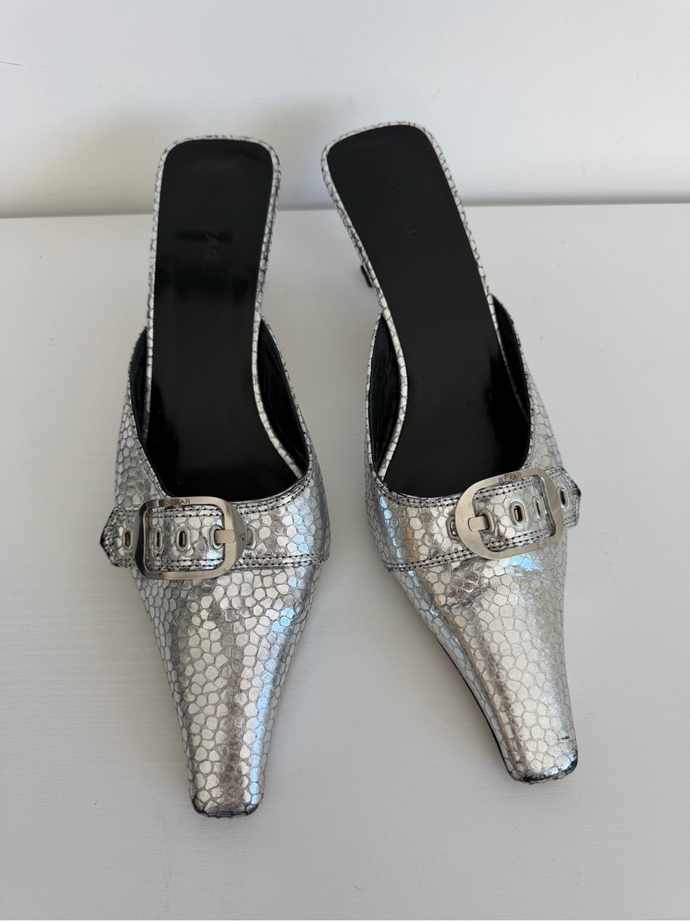 BY FAR 39 Evelyn Metallic Silver Pointed-Toe Mule Heels with Buckle - Picture 6 of 13